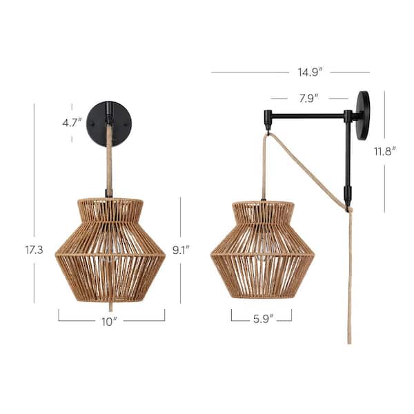 Ariel 10 in. W 1-Light Bohemian Plug-in Wall Sconce, Bedside Reading Lamp with Seagrass Shade, and Woven Rope Accent