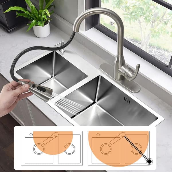 Single Handle Pull Down Sprayer Kitchen Faucet with Deckplate Included in Brushed Nickel