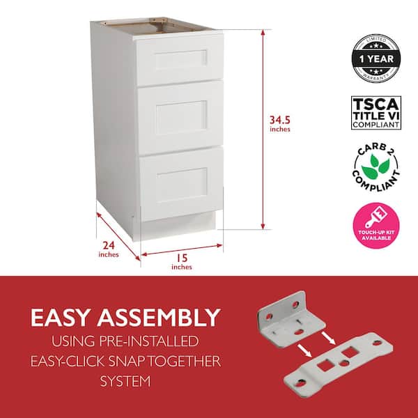 Brookings Plywood Ready to Assemble Shaker 15x34.5x24 in. 3-Drawer Base Kitchen Cabinet in White