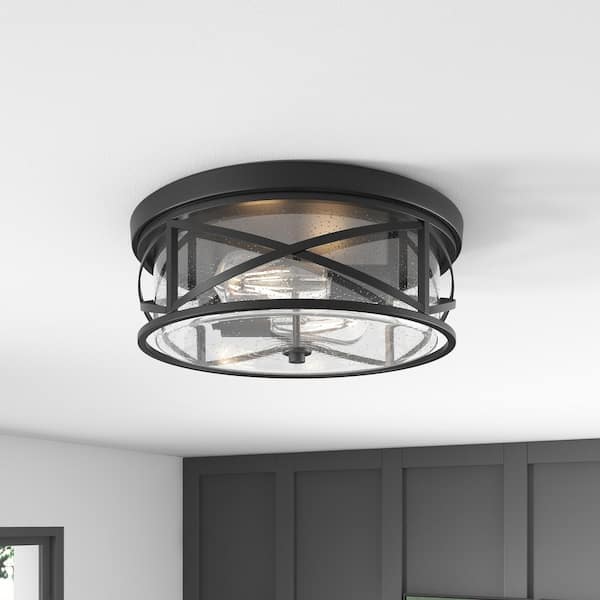 Industrial 13.77 in. 2-Light Black Farmhouse Flush Mount Ceiling Light with Seeded Glass Shade
