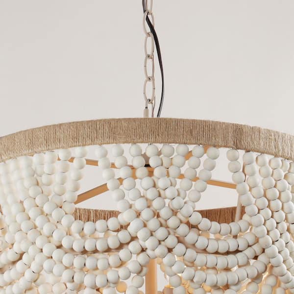 Modern Boho Dining Room Chandelier 4-Light Distressed White Island Chandelier with Wood Beads and Rope