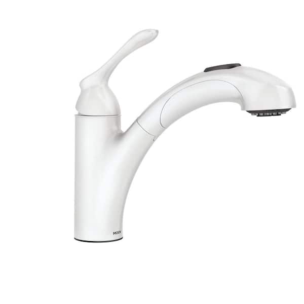 Banbury Single Handle Deck Mount Pull Out Sprayer Kitchen Faucet with Power Clean Deckplate Included in Matte White