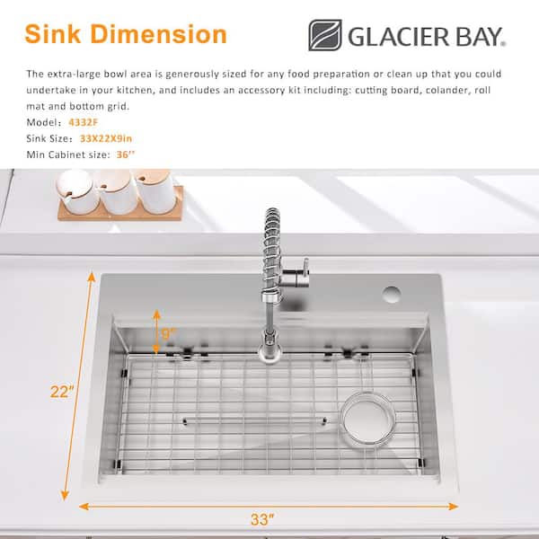 33 in. Drop-in/Undermount Single Bowl 18-Gauge Stainless Steel Sink