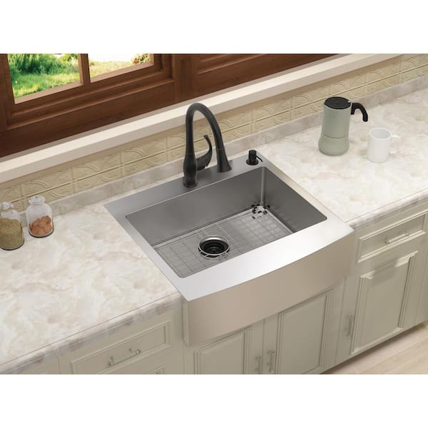 Retrofit Drop-In Stainless Steel 27 in. 2-Hole Single Bowl Curved Farmhouse Apron Front Kitchen Sink