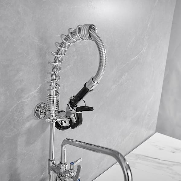Commercial Restaurant Pull Down 2-Handle Wall Mount Pre-Rinse Spray Utility Kitchen Faucet in Polished Chrome
