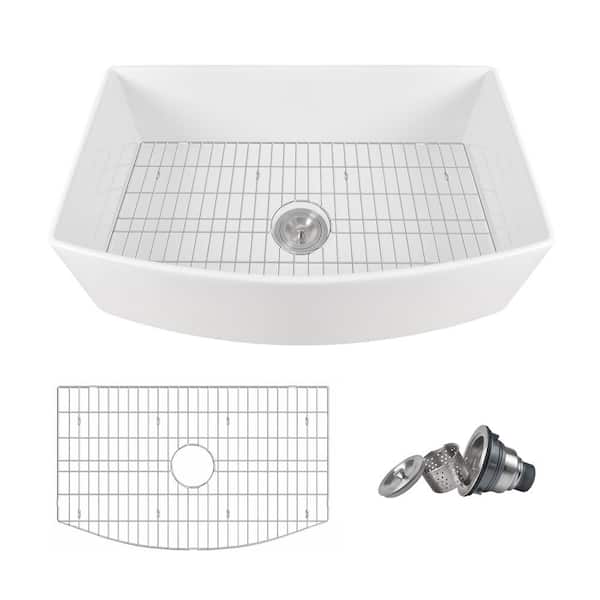 Grove Fireclay 33 in. L x 21 in. W Single Bowl Farmhouse Curved Kitchen Sink with Sink Grid and Basket Strainer