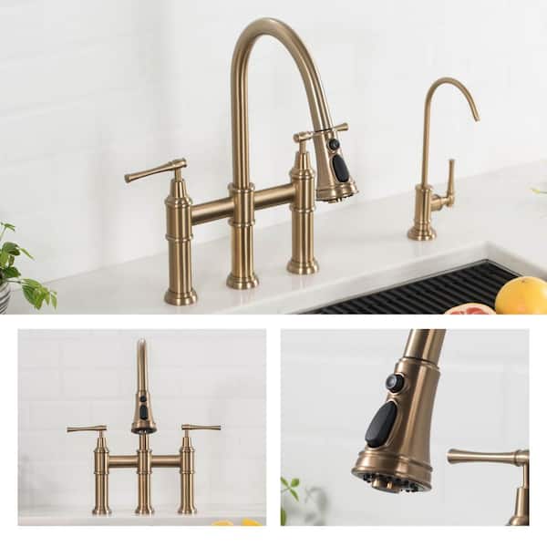 Allyn Double Handle Transitional Bridge Kitchen Faucet with Pull-Down Sprayhead in Brushed Gold