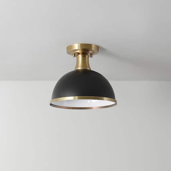 Beckett 10.35 in. 1-Light Matte Black Semi-Flush Mount with Matte Brass Accents
