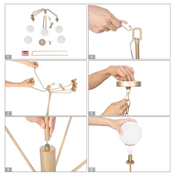 Mid-Century Modern Living Room Chandelier 5-Light Brass Gold Globe Chandelier with Frosted Glass Shades