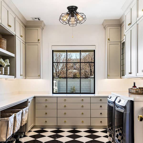 Hine 3-Light Modern Industrial Black Open Cage Semi-Flush Mount Light Versatile Ceiling Light with Pull String