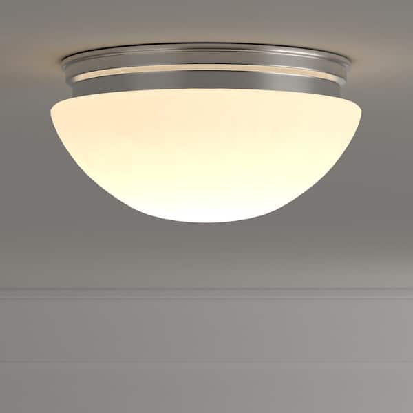 9 in. 120-Watt Equivalent Brushed Nickel Integrated LED Mushroom Flush Mount with White Acrylic Shade