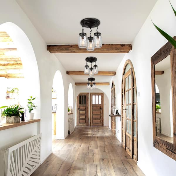 Mina Coastal 10 in. 3-Light Oil-Rubbed Bronze Semi-Flush Mount Light with Mason Jar Shade Modern Farmhouse Ceiling Light