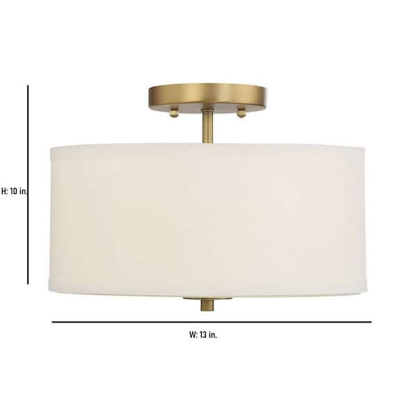 Meridian 13 in. W x 10 in. H 2-Light Natural Brass Semi-Flush Mount Ceiling Light with White Fabric Shade