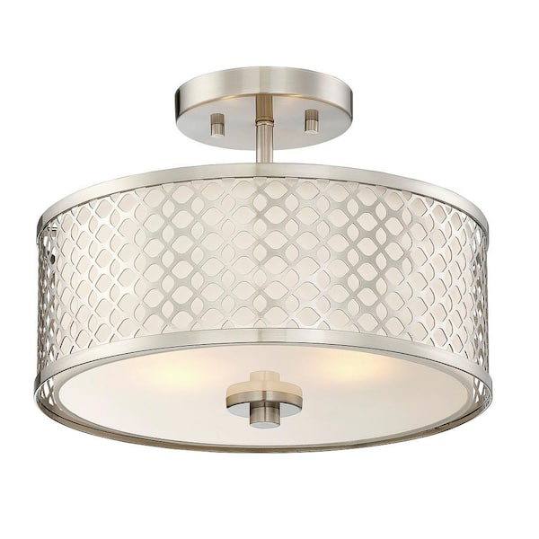 Meridian 13 in. W x 10 in. H 2-Light Brushed Nickel Semi-Flush Mount with White Fabric Shade and Geometric Metal Frame