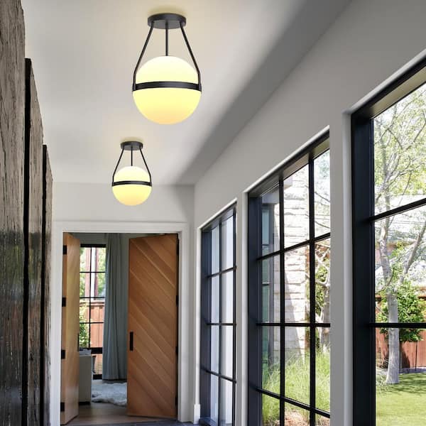 10 in. 1-Light Black Mid Century Modern Globe Semi-Flush Mount Ceiling Light with White Frosted Glass Shade for Bedroom