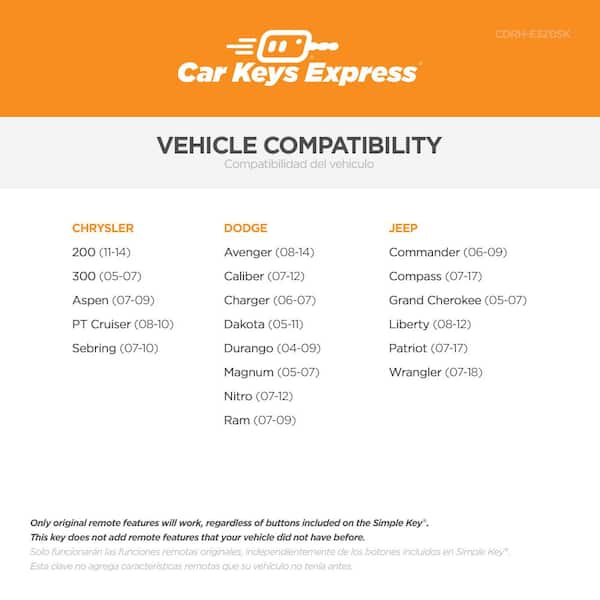 Chrysler, Dodge, and Jeep Simple Key - 3 Button Remote and Key Combo