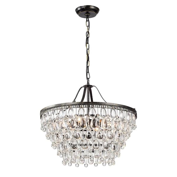 Clarus 6-Light Antique Bronze Glam Chandelier with Hanging Teardrop Crystals