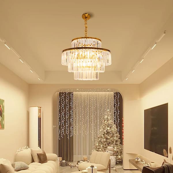 23.62 in. 10-Light 4-Tier Gold Modern Luxury K9 Crystal Pendant Light(Without Remote Control)