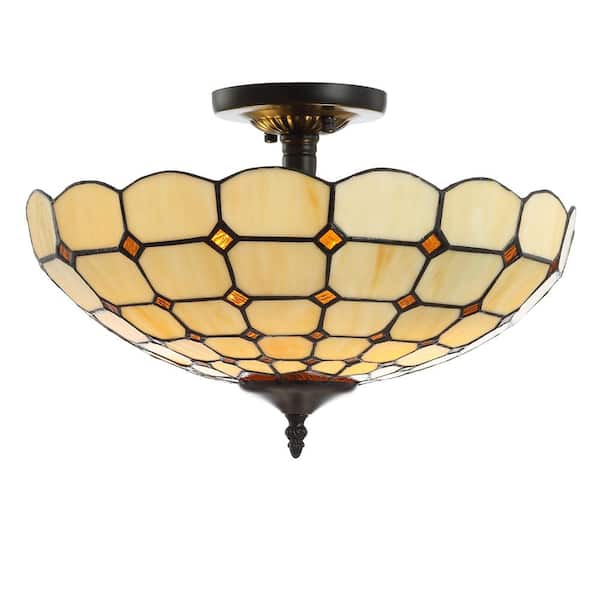 Jason 15.7 in. Cream 2-Light Tiffany-Style Glass/Metal LED Semi-Flush Mount
