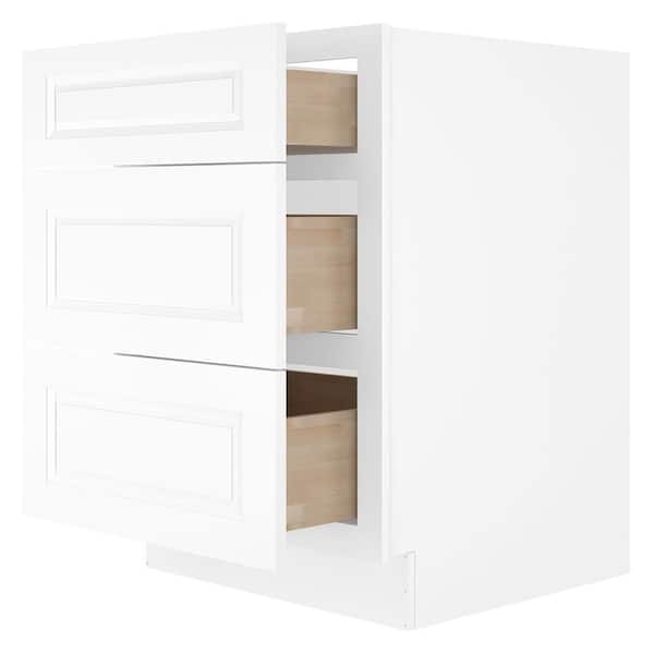 24 in. Wx24 in. Dx34.5 in. H in Raised Panel White Plywood Ready to Assemble Drawer Base Kitchen Cabinet with 3 Drawers