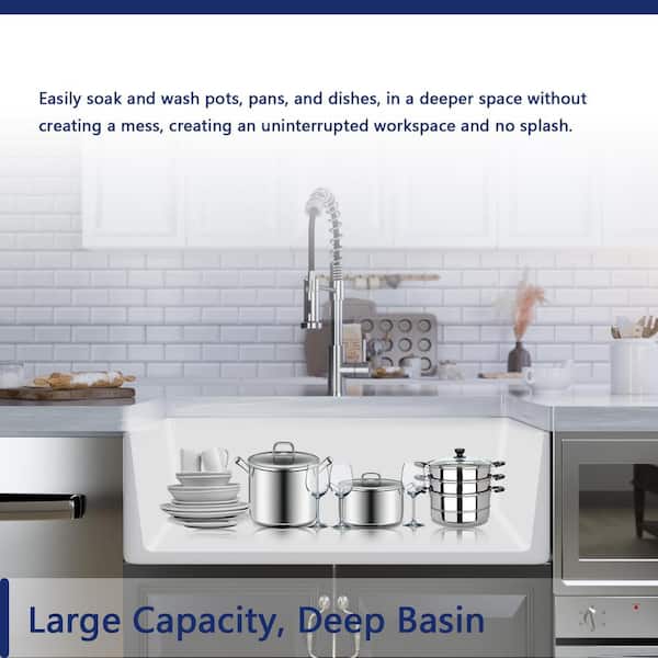 Solstice White Fireclay 33 in. L x 18 in. W Rectangular Single Bowl Farmhouse Apron Kitchen Sink with Grid and Strainer