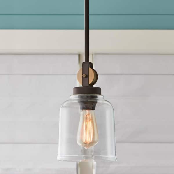 Knollwood 7 in. 1-Light Black Bronze Vintage Brass Accents Industrial Mini Pendant Light for Kitchen Bulb Included