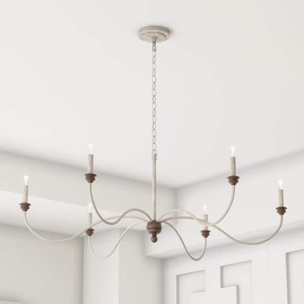 Hartsville 6-Light Chalk Washed White/Light Brown Beachwood Linear Country Coastal Farmhouse Candlestick Chandelier