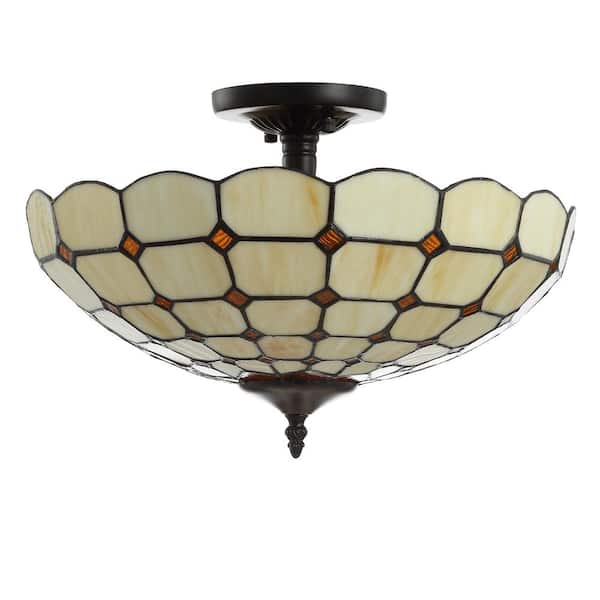 Jason 15.7 in. Cream 2-Light Tiffany-Style Glass/Metal LED Semi-Flush Mount