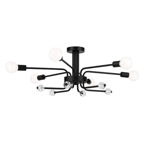 Ocala 41.25 in. 6-Light Black Living Room Art Deco Semi-Flush Mount Ceiling Light with Clear Crystal