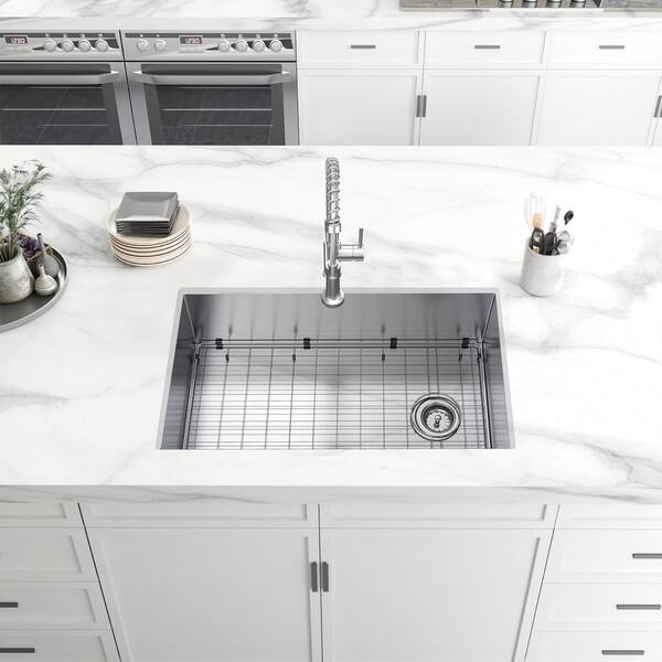 All-in-One Zero Radius Undermount 16G Stainless Steel 32 in. Single Bowl Kitchen Sink, Offset Drain, Spring Neck Faucet