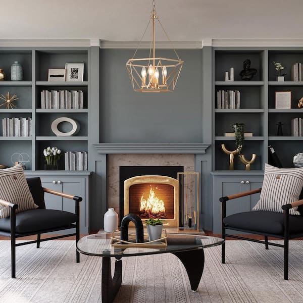 Modern Gold Dining Room Chandelier, 15.7 in. 4-Light Farmhouse Cage Bedroom Chandelier Pendant Light For Kitchen Island