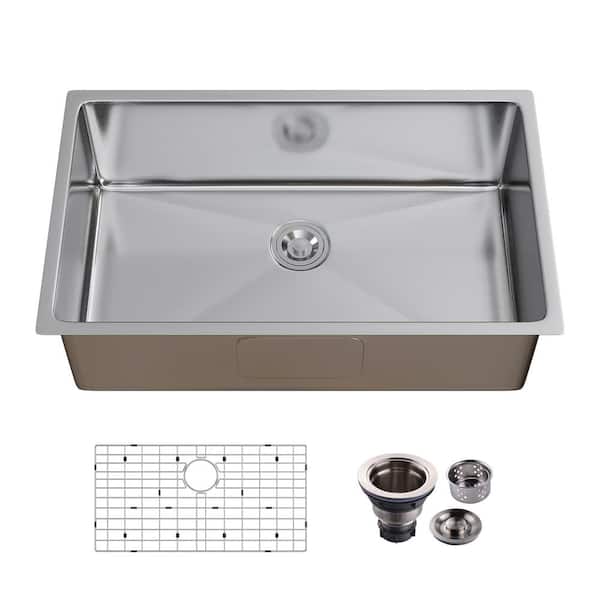 32 in. 16-Gauge Undermount Single Bowl Stainless Steel Kitchen Sink with Bottom Grid, Basket Strainer, Cutout Template