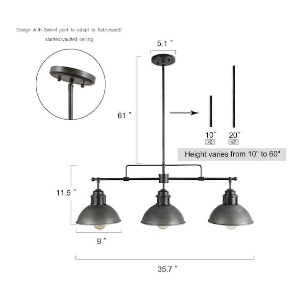 Industrial Black Island Chandelier Farmhouse Barn Pendant Light 3-Light Linear Pendant Light with Brushed Silver Shades