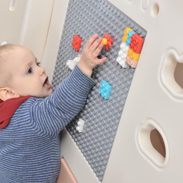 7-In-1 Light Pink HDPE Playset with Tunnel, Climber, Whiteboard, Toy Building Block Baseplates, Basketball Hoop