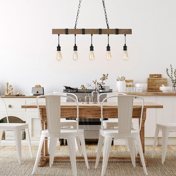 Wood Beam Chandelier 35.5 in. 5-Light Brown Linear Farmhouse Chandelier Island Pendant Light with Wood Accents
