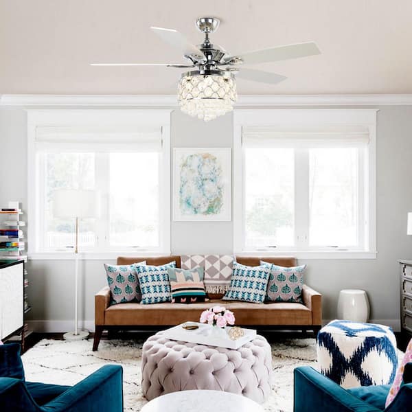 Berkshire 52 in.Modern Downrod Mount Chrome Crystal Ceiling Fan with Light Kit and Remote Control