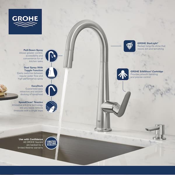 Veletto Single-Handle Pull-Down Dual Sprayer Kitchen Faucet with Soap Dispenser in SuperSteel InfinityFinish