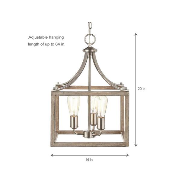 Boswell Quarter 14 in. 3-Light Brushed Nickel Farmhouse Square Chandelier with Painted Weathered Gray Wood Accents