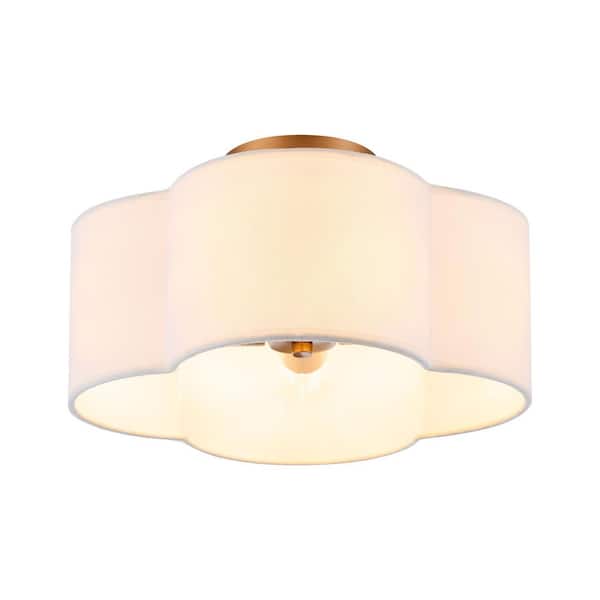13.5 in. 4-Light Brushed Gold Semi-Flush Mount with White Fabric Drum Shade