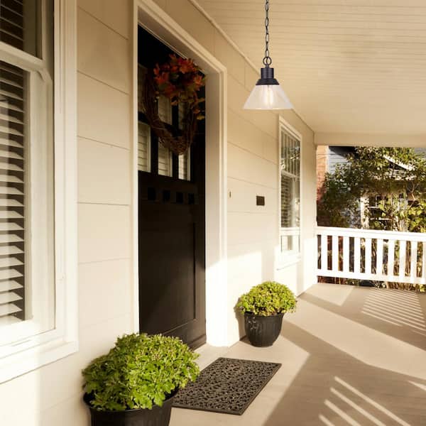 1-Light Matte Black Outdoor Indoor Pendant with Clear Seeded Glass Shade, Vintage Incandescent Bulb Included