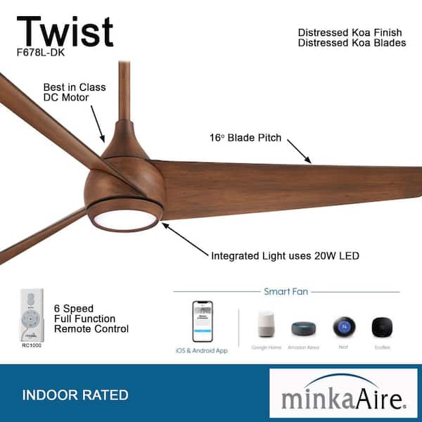 Twist 52 in. Integrated LED Indoor Distressed Koa Smart Ceiling Fan with Remote Control