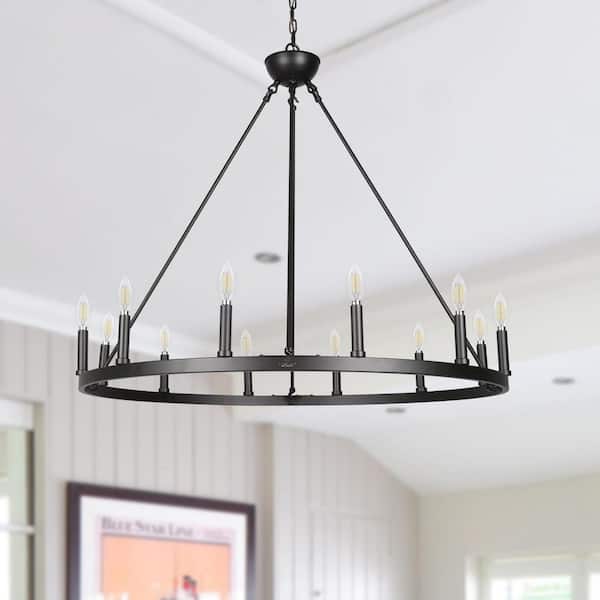 12-Light Matte Black Chandelier Wagon Wheel Steel Frame