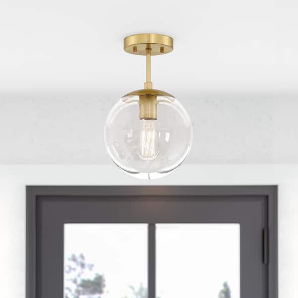 Gracelyn Modern 14.36 in. 1-Light Satin Gold Smart Semi-Flush Mount Ceiling Light with Clear Seedy Glass Globe Shade