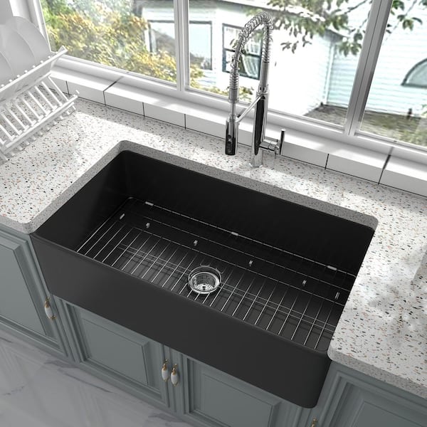 Black Fireclay 36 in. Single Bowl Farmhouse Apron Kitchen Sink with Bottom Grid and Basket Strainer