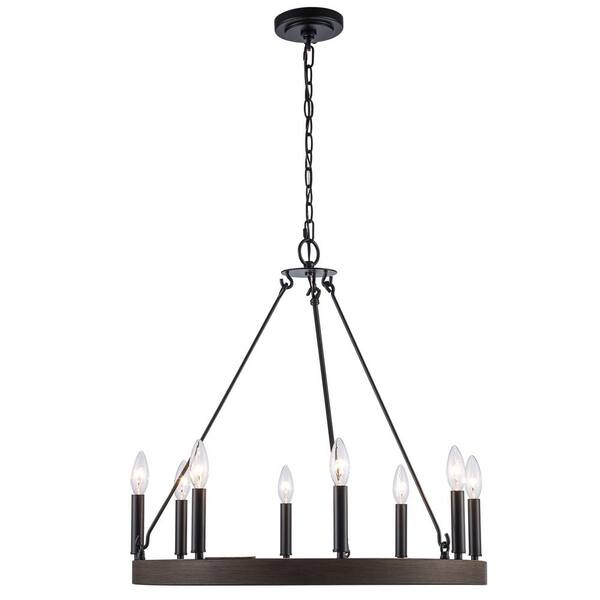8-Light Black and Faux Wood Wagon Wheel Chandelier Light Fixture