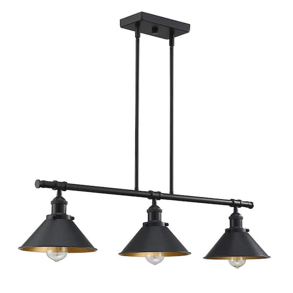 3-Light Kitchen Island Pendant Light Chandelier with Matte Black and Inside Gold Painting Shade