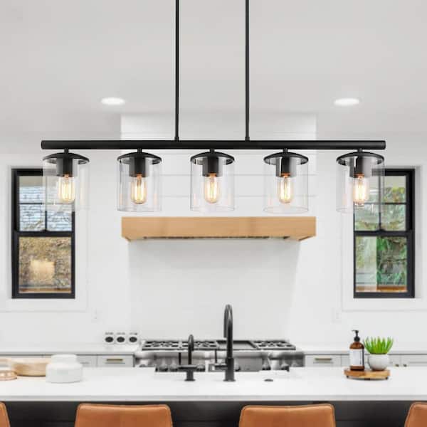 Modern 5-Light 37 in. Matte Black Linear Island Chandelier with Clear Glass Shades, Kitchen Hanging Pendant Light