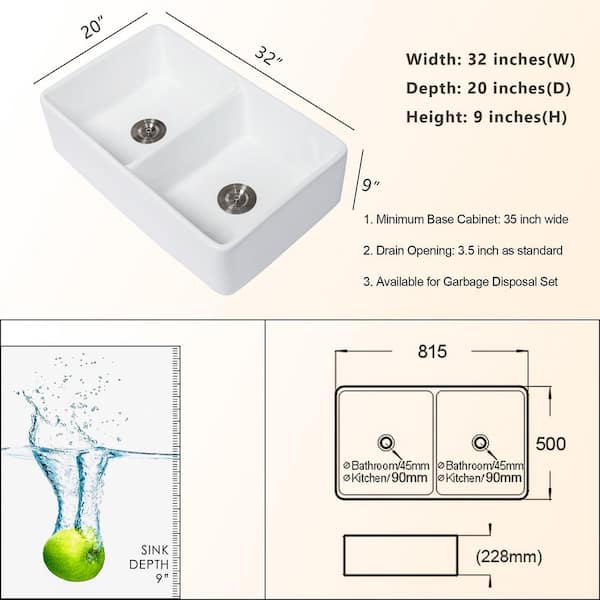 White Fireclay 32 in. Double Bowl Farmhouse Apron Front Kitchen Sink