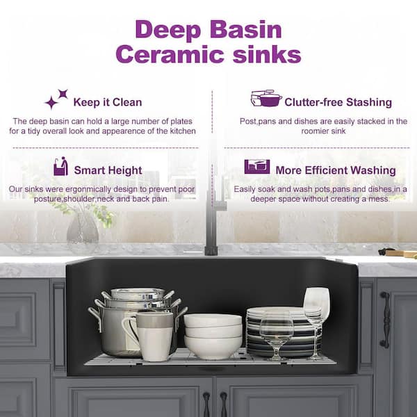 Fireclay 30 in. L x 18 in. W Black Single Bowl Farmhouse Apron Kitchen Sink with Grid and Strainer