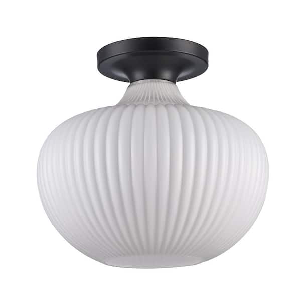 Aristo 12 in. 1-Light Black Semi-Flush Mount Ceiling Light Fixture with White Ribbed Glass Shade